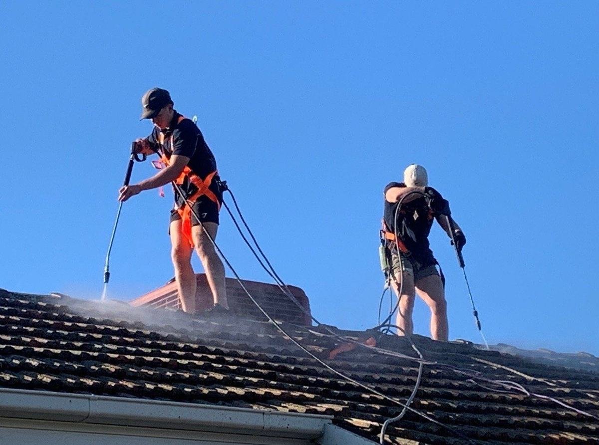 Our team on a roof clean, both in harnesses
