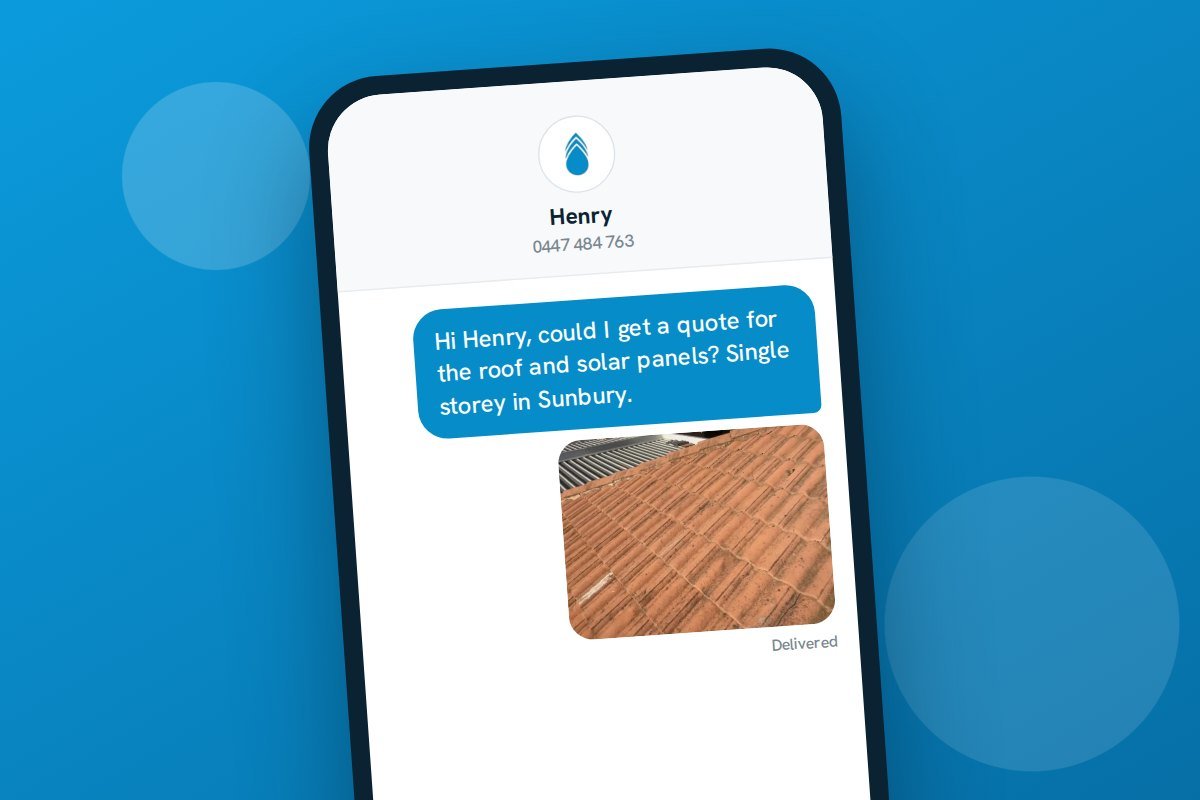A text to Henry asking for a roof and solar quote, with a photo of the roof